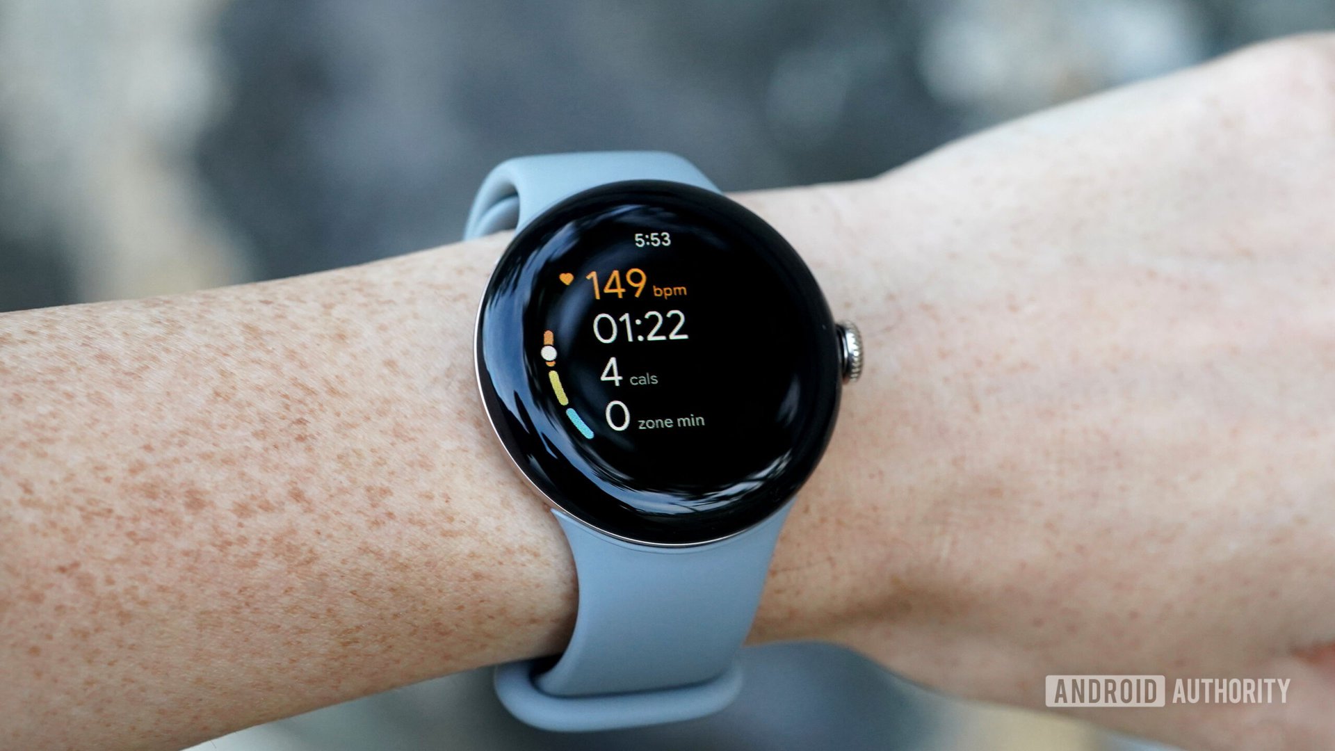 google pixel watch 2 HR Zones A Google Pixel Watch 2 displays a user's heart rate zones during a workout.
