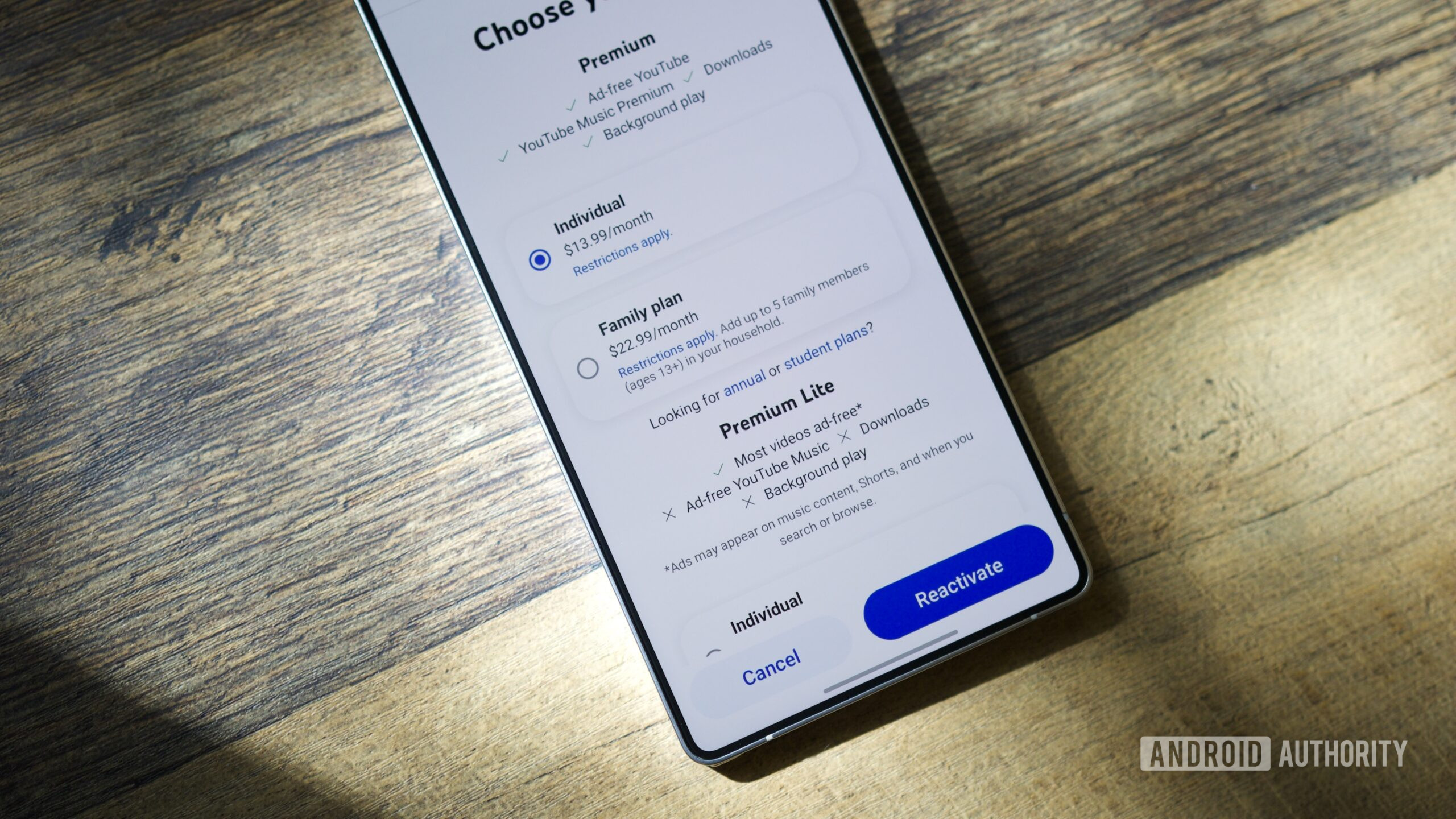 youtube premium lite hands on 1 YouTube Premium plan options in the YouTube app.