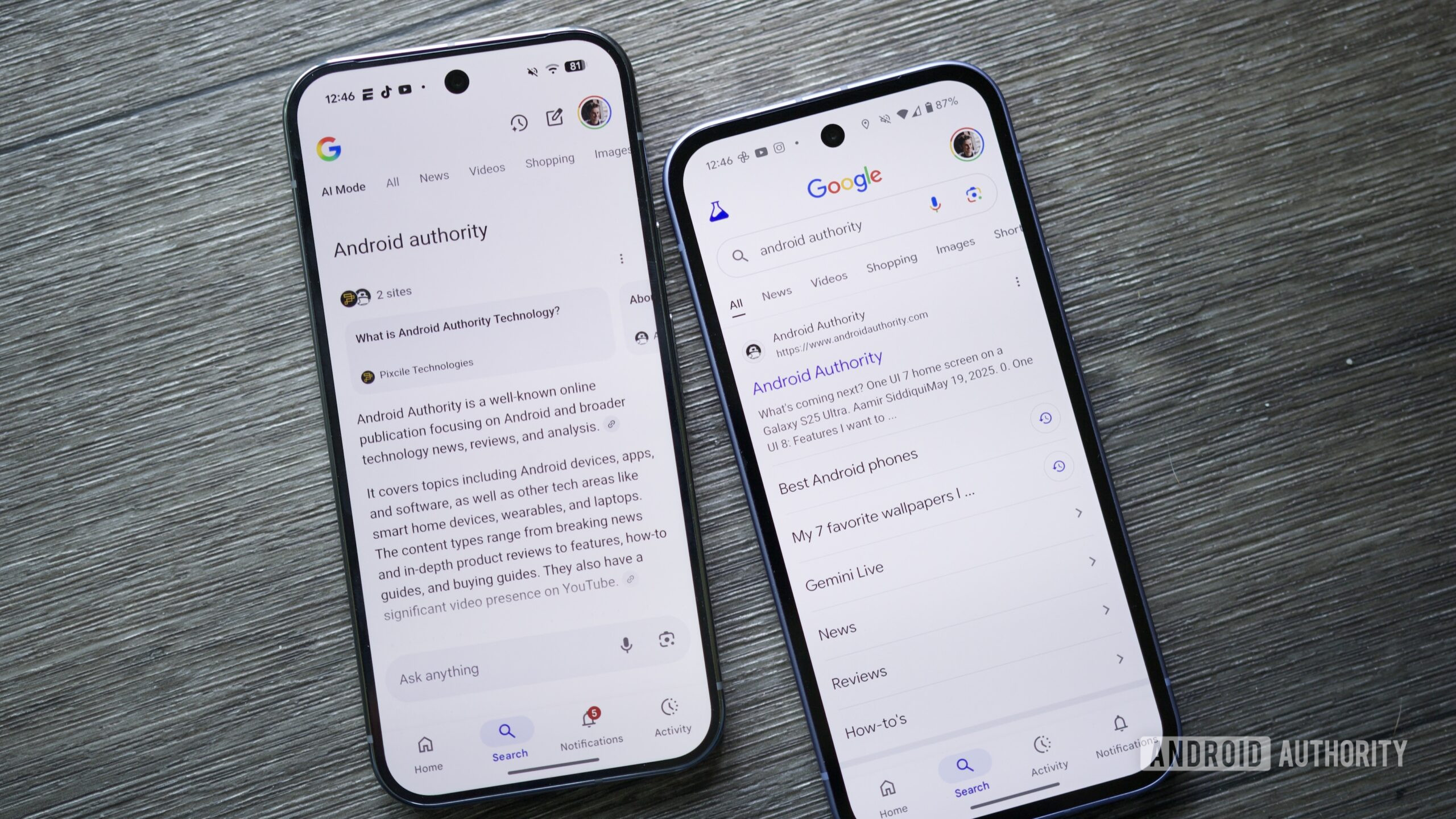 google ai mode vs google search hero photo 1 Two Android phones, one showing an AI Mode result, and the other showing a regular Google Search result.