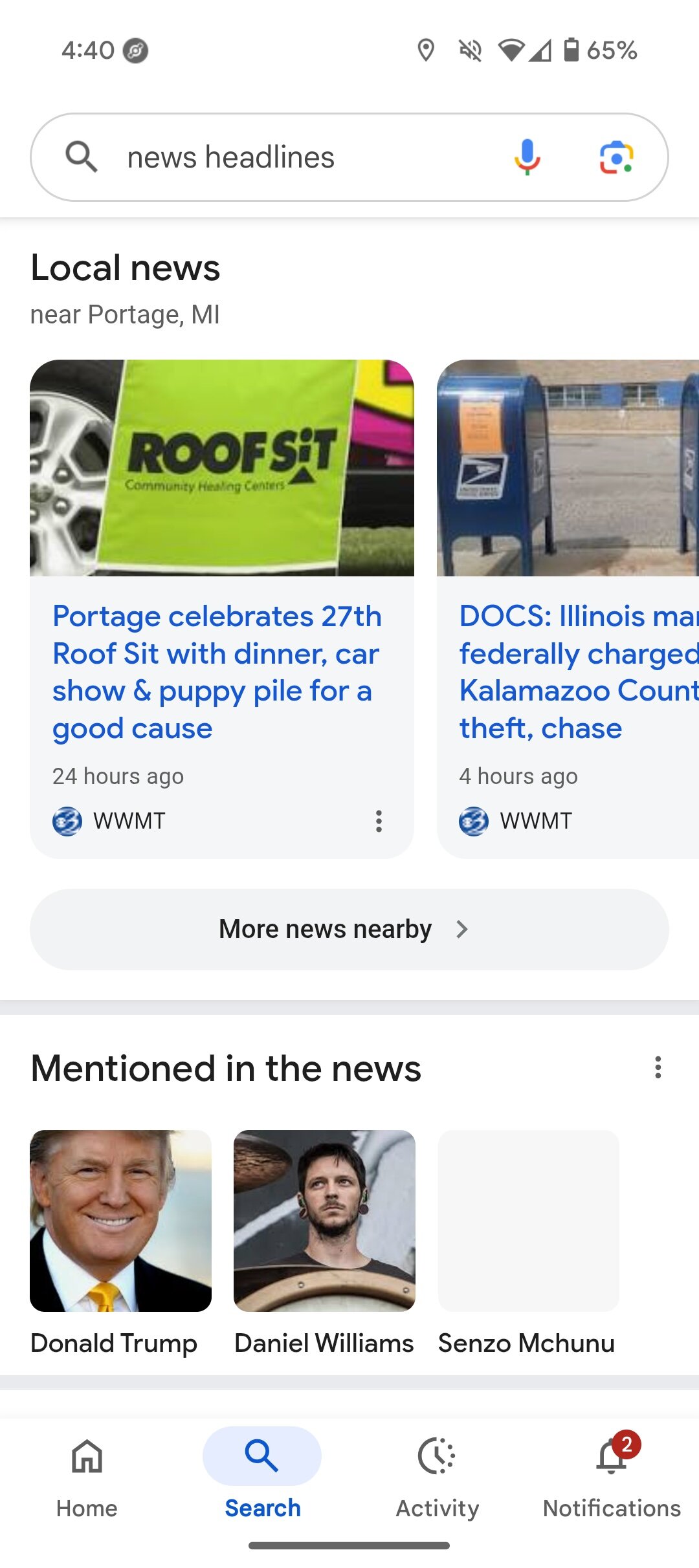 Google Search results for "news headlines."