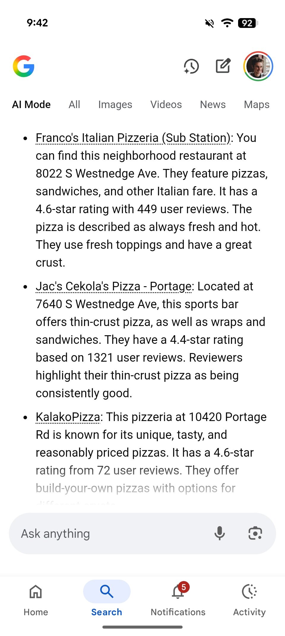 AI Mode search results for "pizza near me."