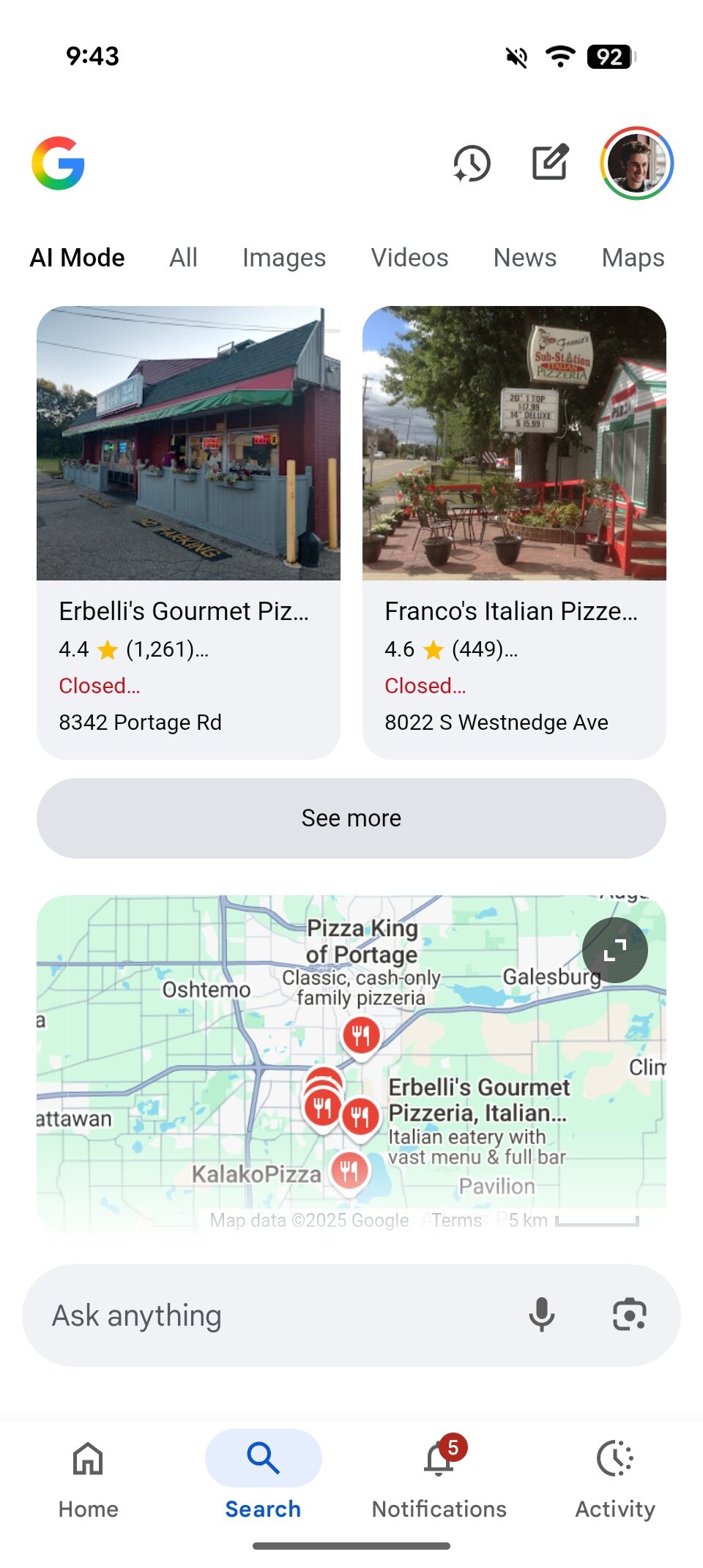 AI Mode search results for "pizza near me."