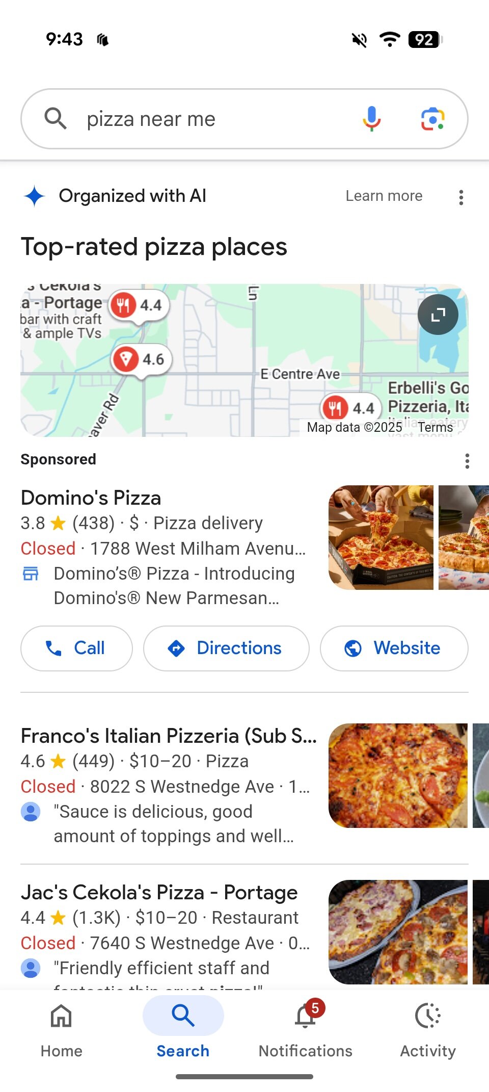 Google Search results for "pizza near me."