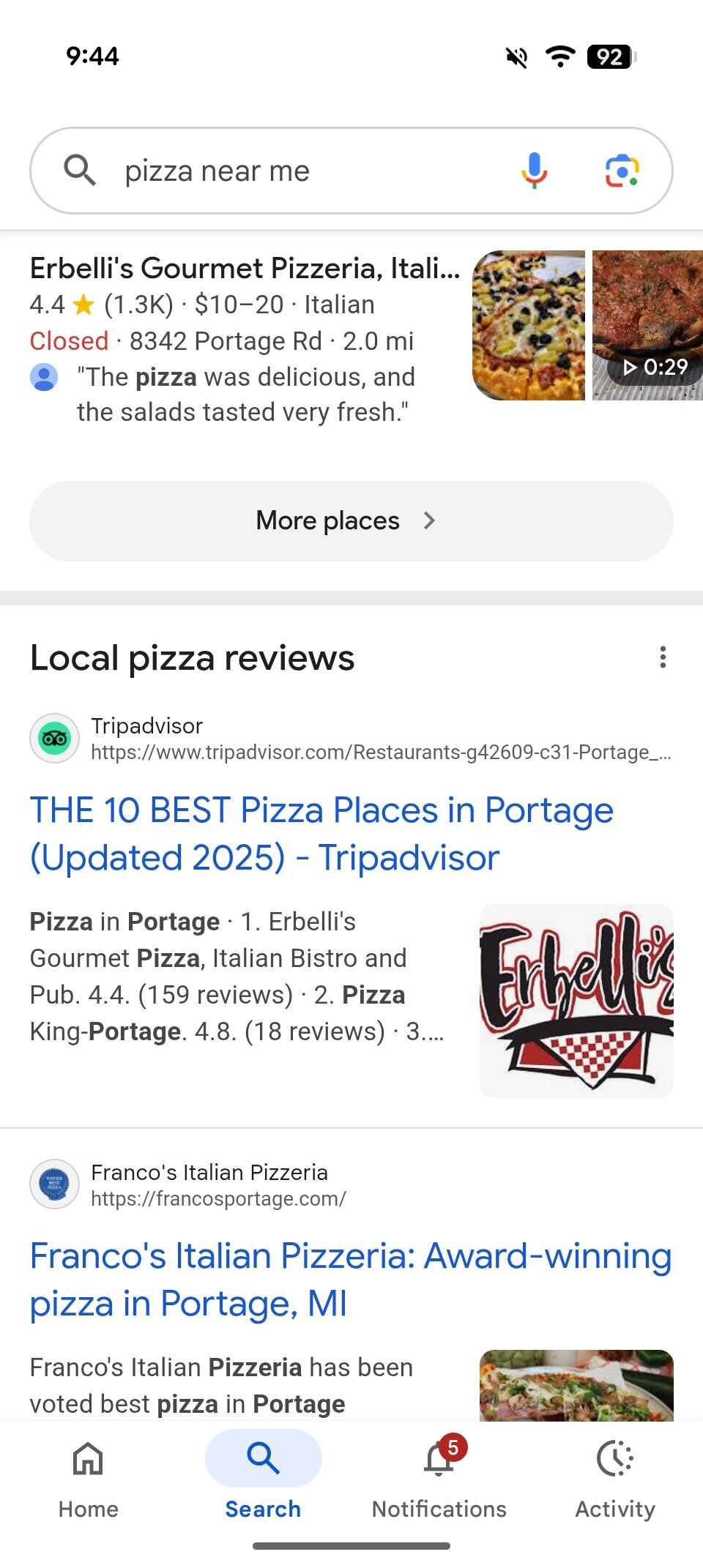 Google Search results for "pizza near me."