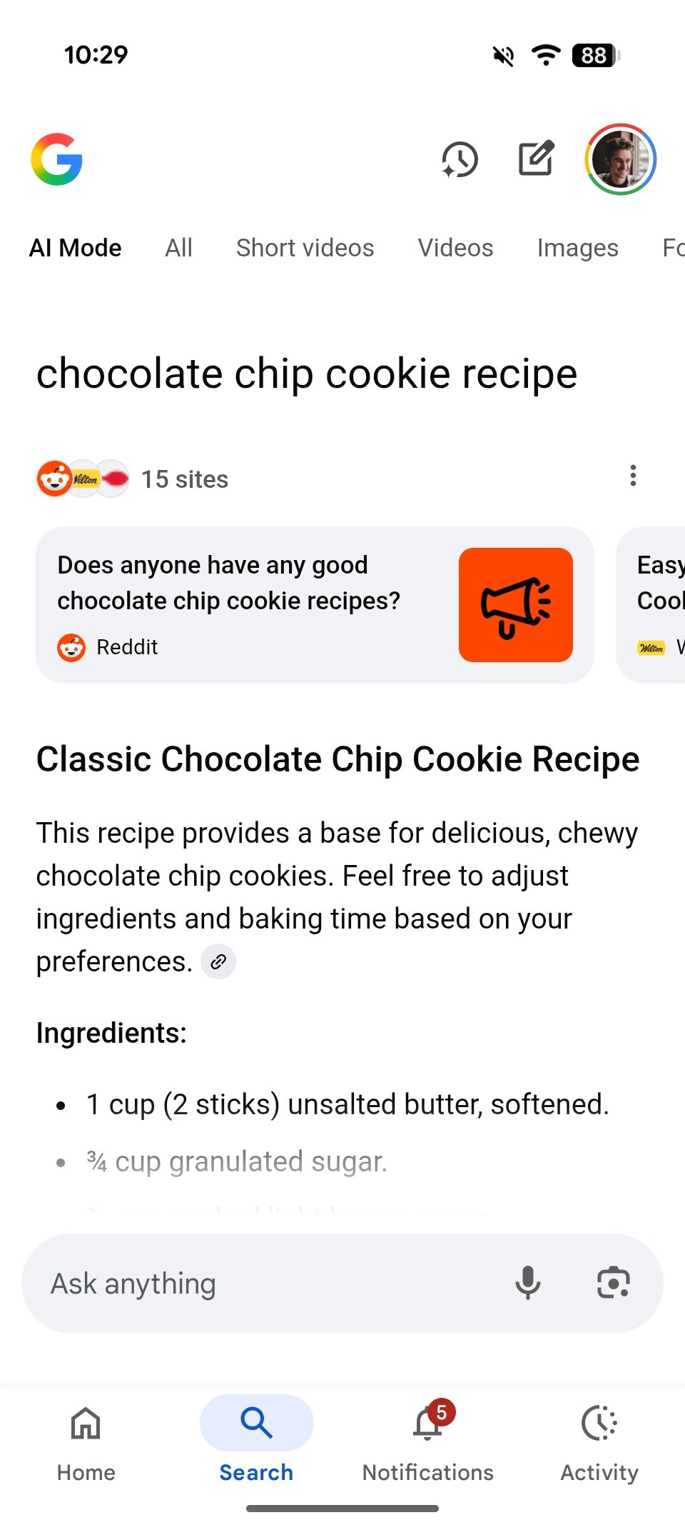 AI Mode result for "chocolate chip cookie recipe."