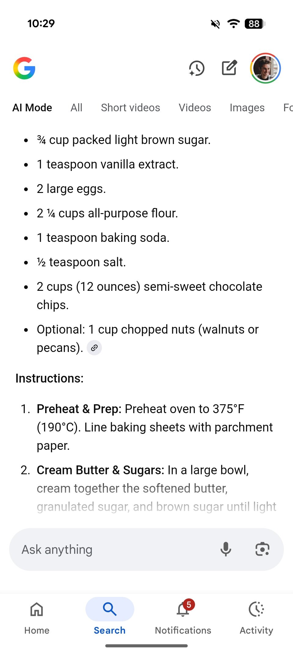 AI Mode result for "chocolate chip cookie recipe."