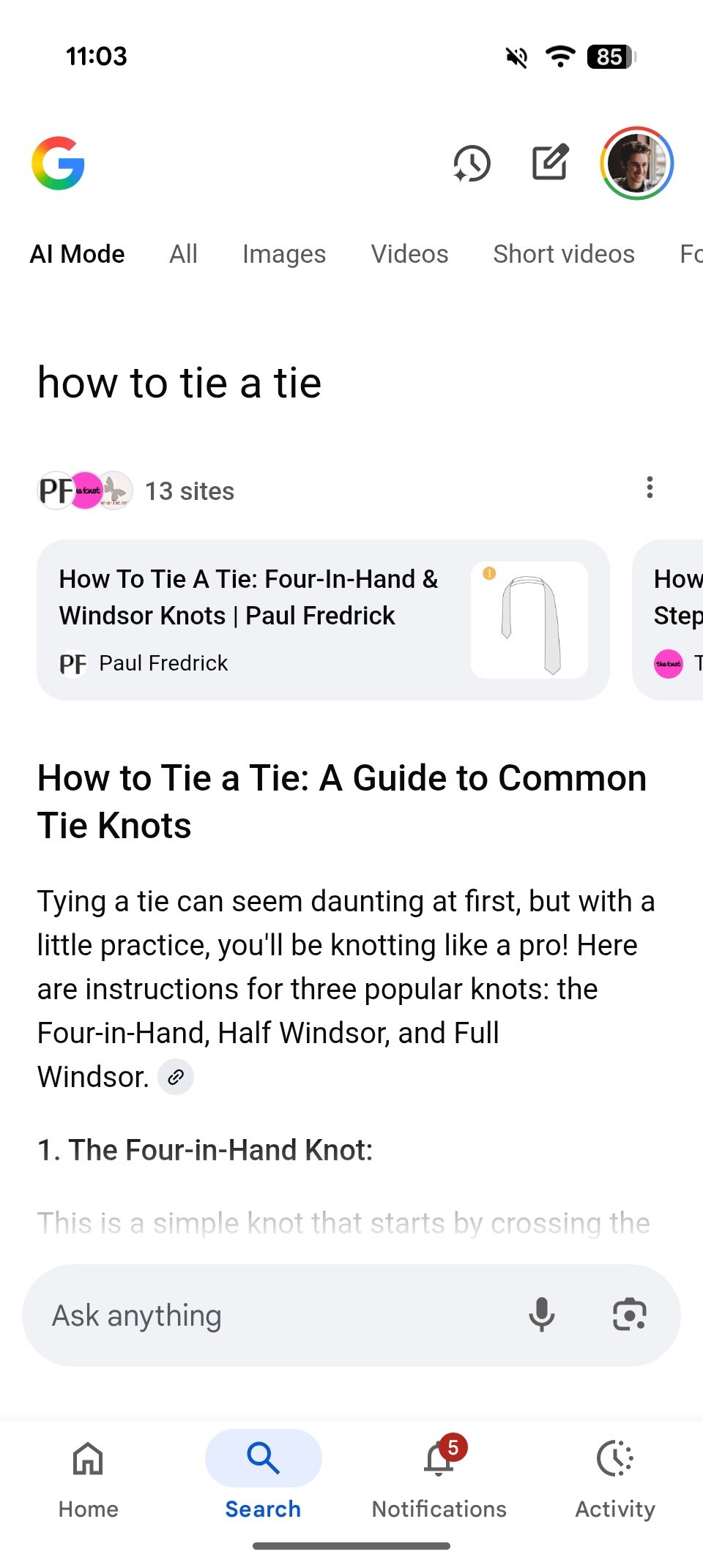 AI Mode result for "how to tie a tie."