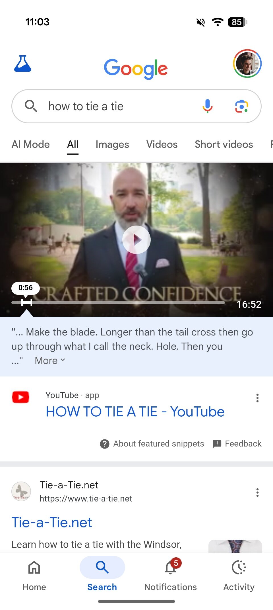 Google Search result for "how to tie a tie."