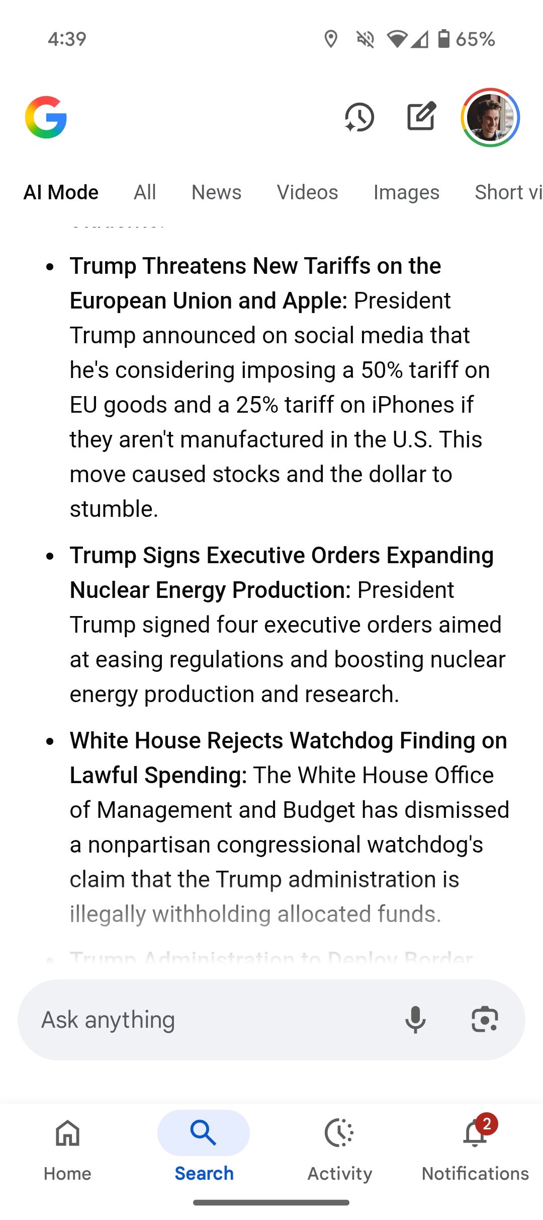 Google AI Mode results for "news headlines."