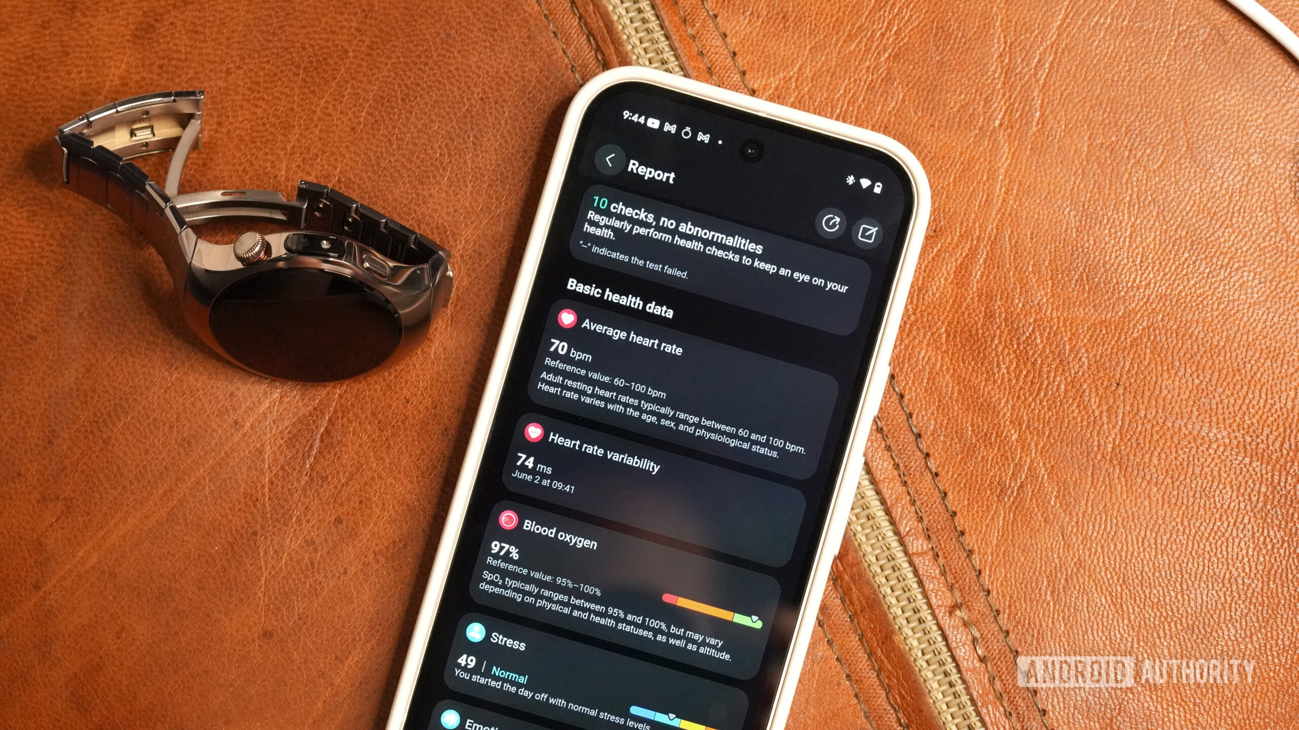 Huawei Watch 5 health glance results A Pixel 9 displays a user's Huawei Watch 5 Health Glance results.